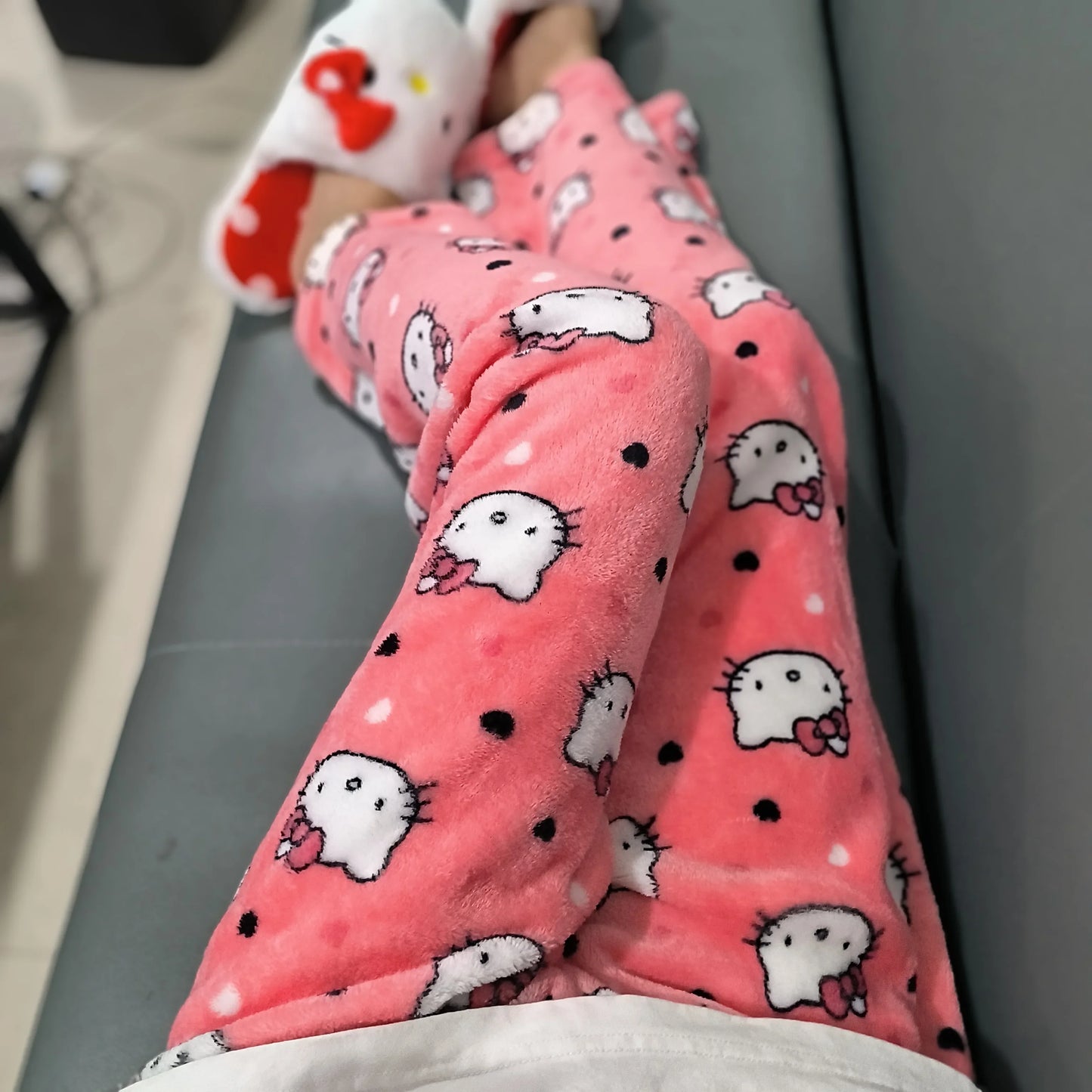Sanrio Hello Kitty Fleece Coral Pajama Pants Soft Trousers Women Casual Home Trousers Kawaii Anime Cartoon Birthday Gift