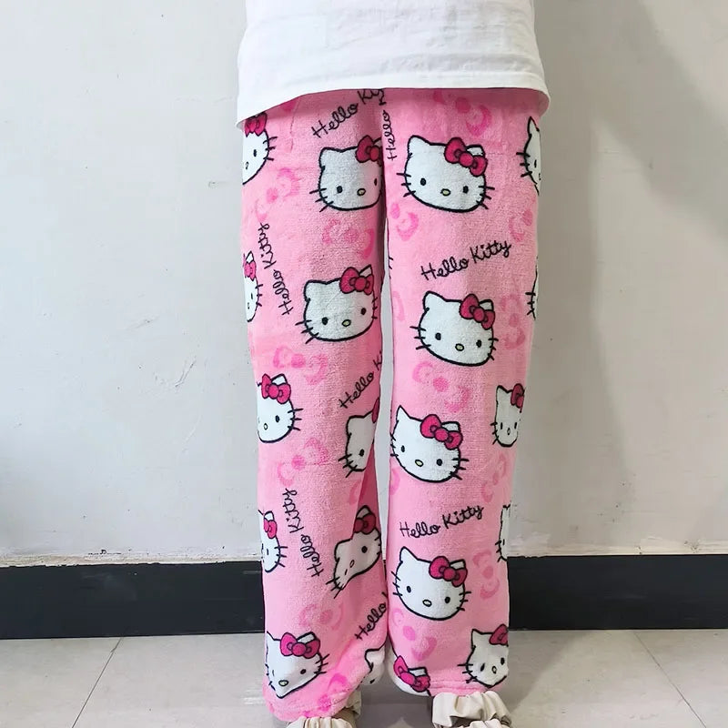 Sanrio Hello Kitty Fleece Coral Pajama Pants Soft Trousers Women Casual Home Trousers Kawaii Anime Cartoon Birthday Gift