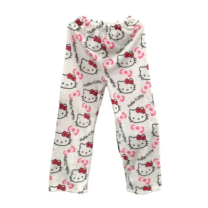 Sanrio Hello Kitty Fleece Coral Pajama Pants Soft Trousers Women Casual Home Trousers Kawaii Anime Cartoon Birthday Gift